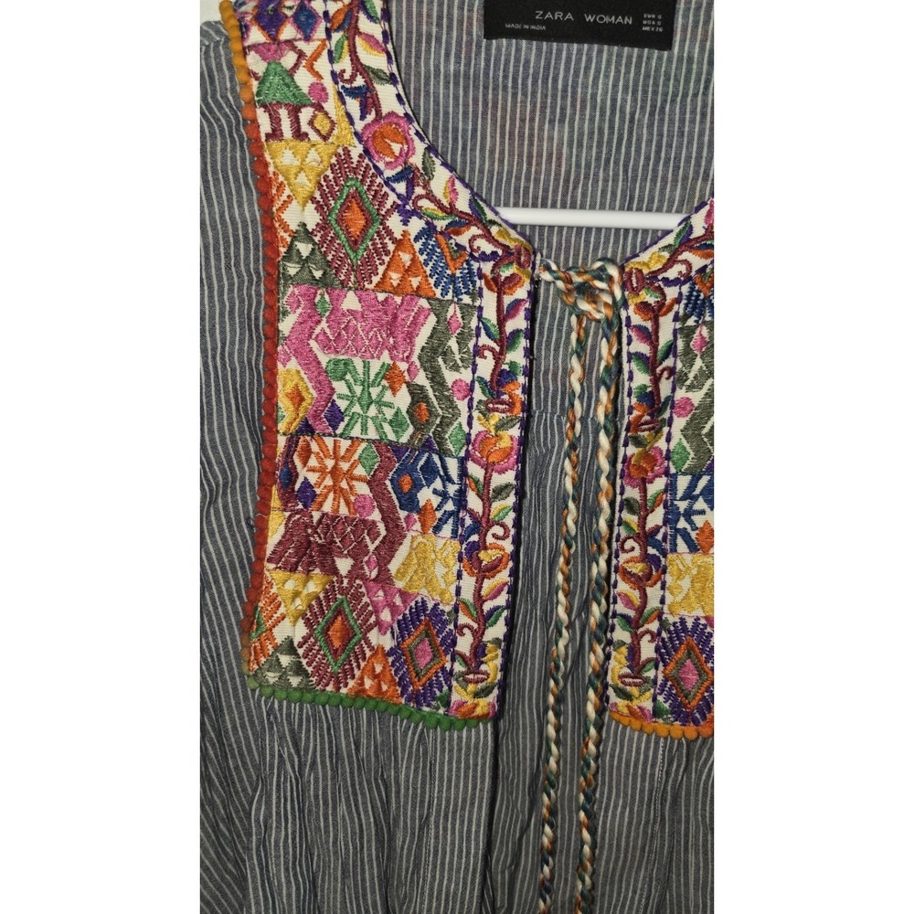 Zara Woman Jacket Blouse Embroidered Boho Pom Pom Blue White Striped Womens Sz S - Picture 2 of 10